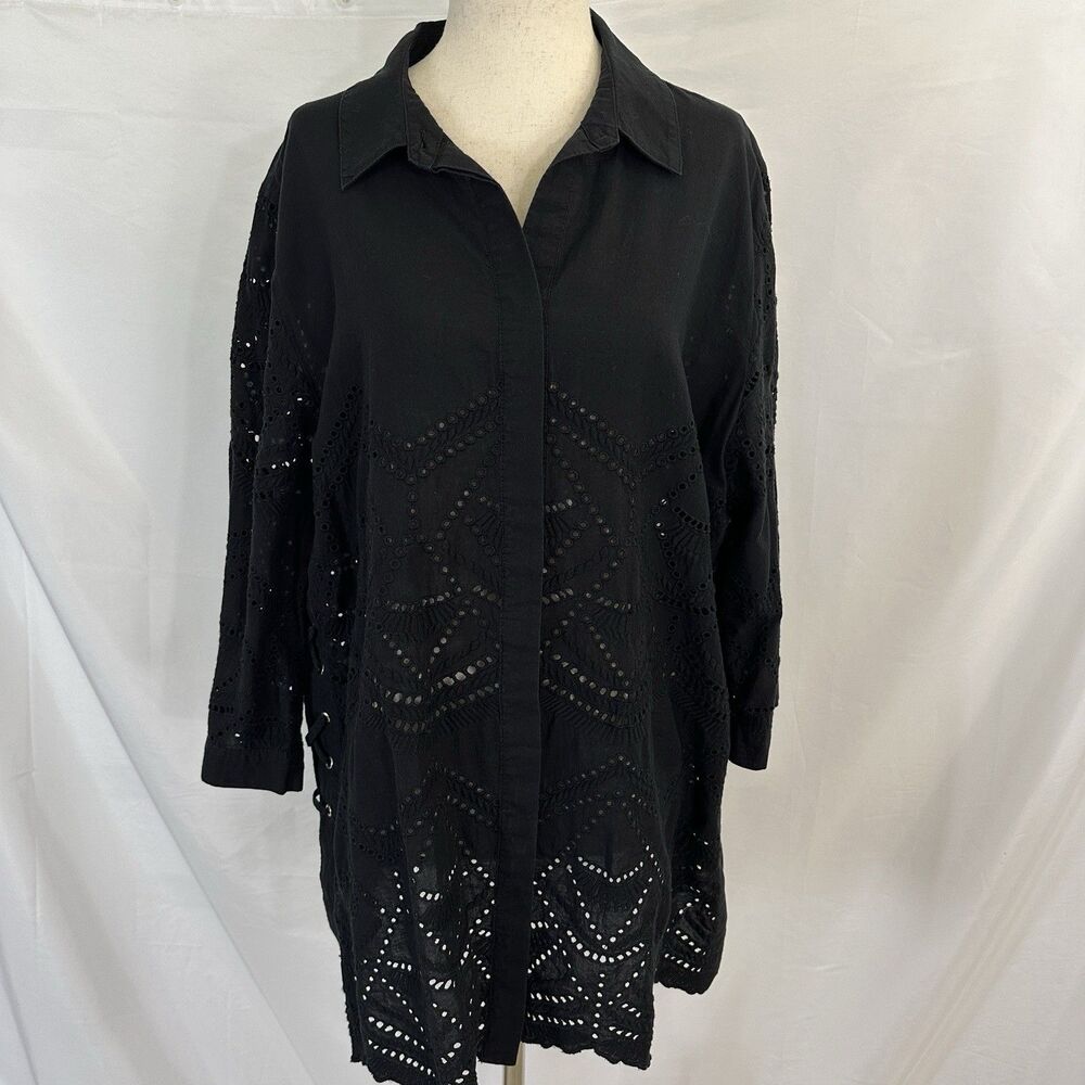 Chico's Womens Black Lace Up Side Button Front Eyelet Top 3 (XL)